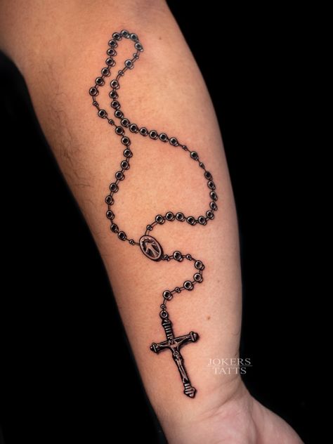 Check me out on Instagram! @jokerstatts432 Forearm Rosary Tattoo For Men, Rosary Necklace Tattoo, Rosery Tattoos Men, Rosary Tattoo For Men, Rosary Hand Tattoo, Prayer Beads Tattoo, Rosary Tattoo Stencil, Rosary Beads Tattoo, Rosary Tattoo Design