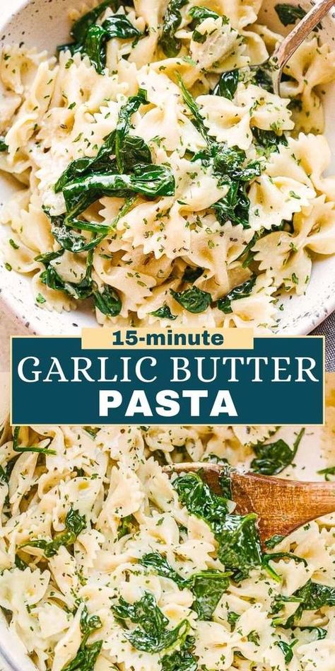 This Garlic Butter Pasta recipe is the perfect addition to your dinner. Fresh spinach and bow tie pasta are tossed in a creamy garlic-butter sauce, creating a dish that's not only seriously delicious but also ready in just 15 minutes! Vegan Bow Tie Pasta Recipes, Garlic Butter Bowtie Pasta, Spinach Pasta Side Dish, Creamy Spiral Pasta Recipes, Bowtie Pasta Recipes Vegetarian, Recipe With Fresh Spinach, Bowtie Pasta Recipes, Bow Tie Pasta Recipes, Lent 2024