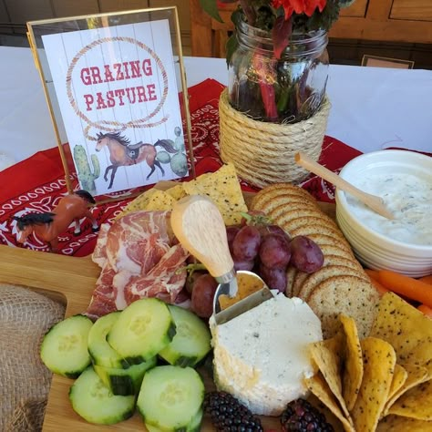 Rodeo Themed Birthday Party Food, Rodeo Themed Appetizers, Three Year Old Cowboy Party, Saddle Up 1st Birthday, 1st Rodeo Party Food, Rustic Cowboy Birthday Party, Western Theme Birthday Party Boy, 50th Birthday Rodeo Theme, Western Food Ideas For Party