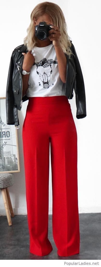 Outfit Pantalon Rojo, Red Pants Outfit, Leather Jacket Outfits, Wear Red, Office Outfit, Cute Spring Outfits, Womens Fashion Inspiration, Modieuze Outfits, Office Attire