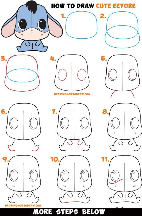 How to Draw a Cute Chibi / Kawaii Eeyore Easy Step by Step Drawing Tutorial for Kids & Beginners – How to Draw Step by Step Drawing Tutorials Animals Step By Step, Trin For Trin Tegning, Easy Pencil Drawings, Draw Chibi, How To Draw Cute, Easy Disney Drawings, Drawings For Boyfriend, Easy Drawing Steps, Easy Drawings For Beginners