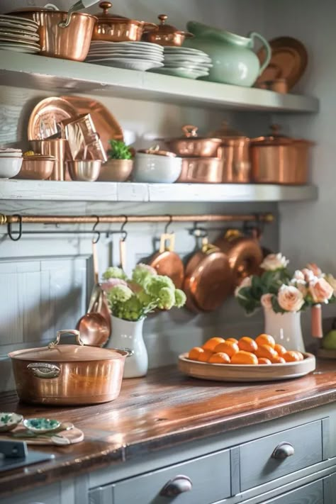 Displaying Copper Collection, Copper Molds Display, Hanging Copper Pots In Kitchen, Copper Decor Kitchen, Copper Pots Display, Copper Shelving, Colored Kitchen Cabinets, New Orleans Kitchen, Old Country Kitchens