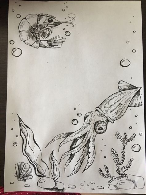 Under The Sea Creatures Drawings, Underwater Drawing Aesthetic, See Creatures Drawing, Sealife Drawing Simple, Under Water Creatures Drawing, Underwater Ocean Drawing, Sea Creatures Sketch Drawings, Under The Sea Sketchbook, Under The Ocean Drawing