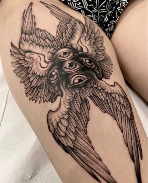 Blackwork Angel Tattoo, Angel Wings Knee Tattoo, Seraph Angel Tattoo, Seraphim Angel Tattoo Design, Cherubim Tattoo, Seraphim Wings, Seraphim Tattoo Design, Biblical Angel Tattoo, Seraphim Angel Tattoo