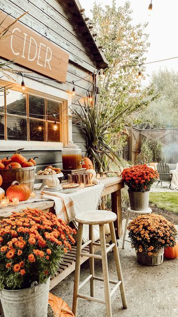 K A R A | interior designer on Instagram: "FALL CIDER BAR!🍎🍂 It’s that time of year and I have some tips for you on how to create the perfect cider bar for your fall gathering!👇 1. CIDER! Obviously, this is the most important item! Depending on how many guests you plan to have and the type of gathering, you may want to consider hot and cold apple ciders. Also, it’s a great option to have a mix of non-alcoholic and hard ciders. 2. SWEETS! This is another important step. No cider bar is compl Apple Cider Decor, Fall Craft Show Set Up, Fall Cider Bar, Fall Coffee Shop Decor, Outdoor Fall Tablescapes, Apple Fall Decor, Outdoor Fall Baby Shower Ideas, Cider Bar Ideas, Apple Cider Bar Ideas Fall