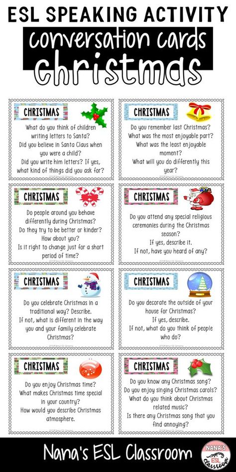 These printable conversation cards about Christmas are ideal for classes before the winter holidays. Speaking Activities English, Speaking Cards, Speaking Activity, Learn English Speaking, Teaching English Abroad, Teaching English Online, Conversation Cards, Speaking Activities, Esl Lessons