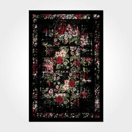 Bungalow Rose Halyn Cotton Indoor/Outdoor Area Rug with Non-Slip Backing | Wayfair Black Floral Rugs, Pink And Black Rug, Dark Moody Area Rug, Dark Moody Rug, Dark Floral Rug, Moody Area Rug, Soft Goth Home Decor, Black Rug Living Room Decor, Funky Rugs Living Room