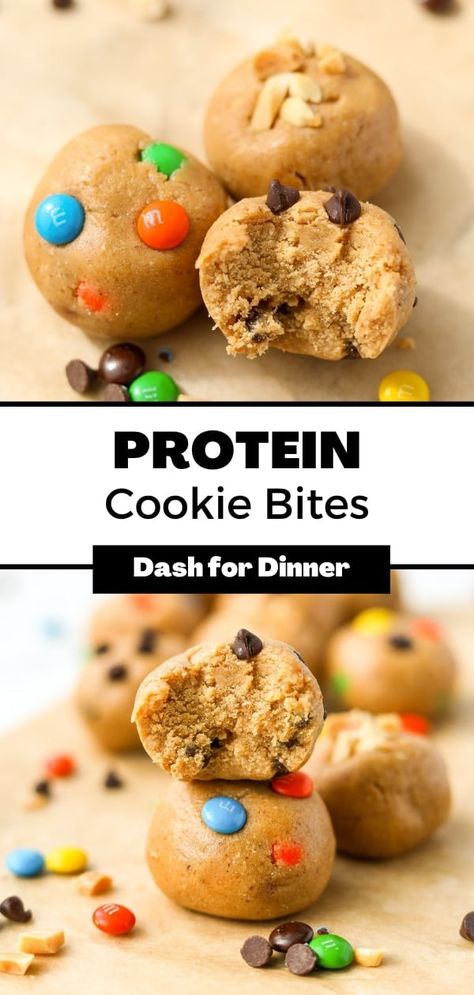 This easy recipe for Protein Cookie Dough Bites is a no bake recipe that is healthy, high in protein, and made with simple ingredients. These protein energy balls are gluten-free, and easy to make vegan or low carb. Perfect for meal prep! Protein Monster Cookie Dough, Protein Balls Vanilla Protein Powder, Protein Powder Oats, Protein Cookie Dough Balls, High Protein Cookie Dough, Protein Cookie Dough Bites, High Protein Cookie, Protein Balls Healthy, High Protein Cookies