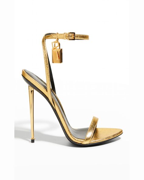 TOM FORD 105mm sandal in metallic leather. Signature hanging padlock and key charm. 4.3" metallic stiletto heel. Pointed open toe. Adjustable halter ankle wrap. Leather outsole. Made in Italy. Carrie Bradshaw, Tom Ford Heels, Open Heels, Tom Ford Shoes, Shoes Heels Classy, Ankle Wrap, Stiletto Sandals, Fashion Heels, Mode Streetwear