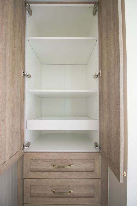 Inset Linen Closet, Ikea Besta Linen Closet, How To Build A Linen Cabinet, Built In Linen Closet Bathroom Ikea, Linen Cabinet Laundry Room, Linen Closet Vanity Combo, Armoire Bathroom Storage, Bathroom Cabinet Closet, Rustic Primary Bathroom