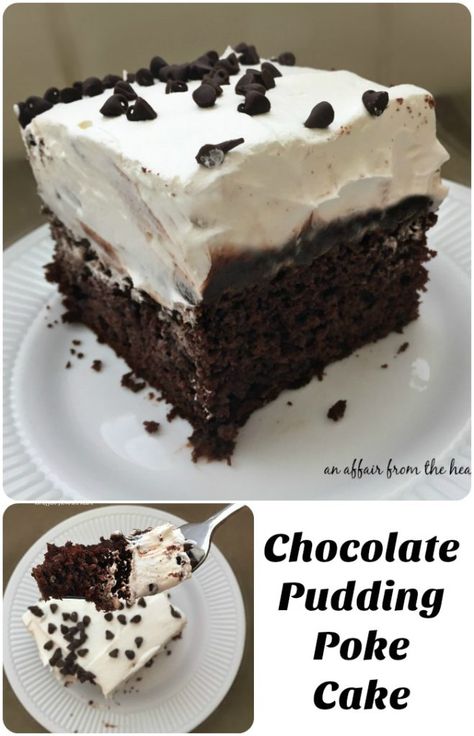 Poke Cake Pudding, Pudding Cool Whip Frosting, Chocolate Pudding Poke Cake, Whip Frosting, Chocolate Pudding Desserts, Cool Whip Frosting, Pudding Poke Cake, Devil's Food Cake, Chocolate Pudding Cake