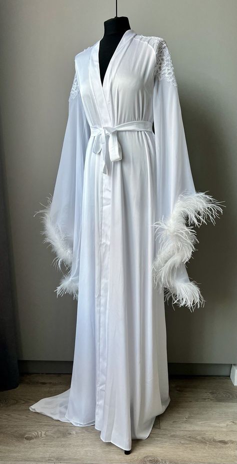 https://www.etsy.com/listing/1576932572 Bridal Robe With Feathers, Robe With Feathers, Long Silk Robe, Long Bridal Robe, Silk Robe Long, Robe Silk, Ostrich Feather Trim, Lace Bride, Wink Wink