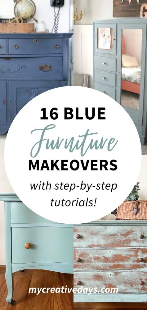 Looking for the perfect blue furniture makeover tutorial? Look no further! We’re sharing 16 beautiful refurbished furniture tutorials to help you upcycled dressers, coffee tables, side tables, and more. Budget home décor, DIY furniture makeovers, blue refurbished dresser Blue Painted Coffee Table, Furniture Makeover With Transfers, Diy Coastal Furniture Makeover, Diy Redo Dresser, Turquoise Side Table, Upcycled Kitchen Dresser, Beach House Painted Furniture, Light Blue Painted Furniture, Coastal Dresser Makeover