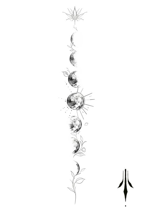 Moon Phase Tattoo On Hand, Phases Of The Moon Spine Tattoos For Women, Moon And Flower Spine Tattoo, Moon Phase Spinal Tattoo, Back Tattoo Women Spine Moon Phases, Moonphase Tattoo On Back, Feminine Moon Phase Tattoo, Moon Phase With Flowers Tattoo, Moon Phase Floral Tattoo