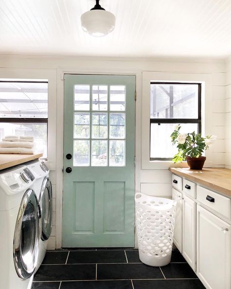 Farmhouse Tour Friday (vol. 13) - Rooms For Rent blog Laundry Room Storage Shelves, Vintage Laundry Room, Small Laundry Room Organization, Room Storage Diy, Laundry Room Doors, Trending Paint Colors, Laundry Room Cabinets, Vintage Laundry, Small Laundry Room