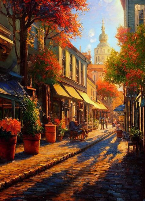 Simple Nature Painting: A Journey of Creativity Pandas, Bonito, Autumn City Painting, Autumn Impressionist Painting, Impressionist Digital Art, Fall Concept Art, Old City Drawing, City Landscape Illustration, Autumn Digital Art