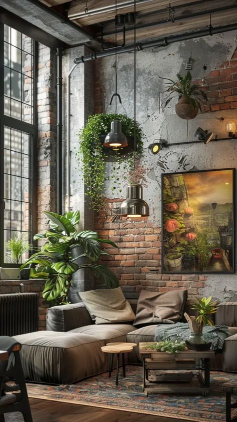 Discover how to create an industrial living room with exposed structures, neutral colors, and practical furniture. Cozy Industrial Living Room, Industrial Style Living Room, Industrial Living Room, Industrial Room, Practical Furniture, Industrial Chic Design, Industrial Style Interior, Brick Interior, Room Vibes