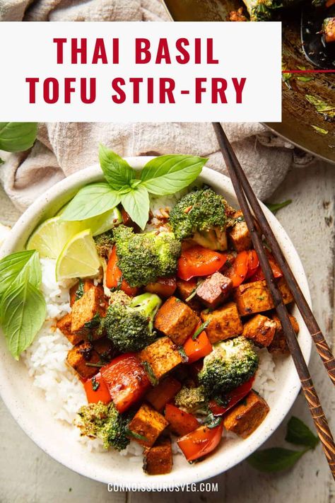 Thai Basil Tofu Stir Fry, Thai Basil Tofu, Basil Tofu, Vegetarian Oyster Sauce, Vegan Entrees, Tofu Recipes Vegan, Tempeh Recipes, Vegan Dinner Recipes Easy, Tofu Stir Fry