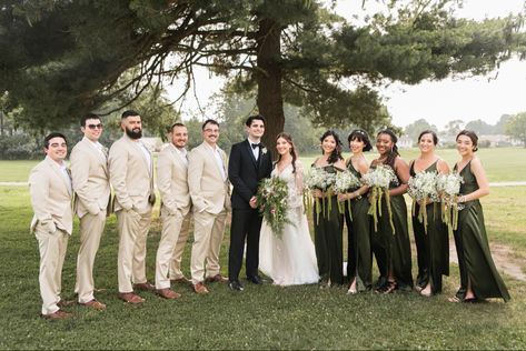 Groomsmen Attire Beige And Green, Bridal Party With Green Dresses, Green Bridesmaid Groomsmen, Olive Green Bridesmaid Dress With Groomsmen, Green And Tan Groomsmen, Tan Groomsmen Suits With Green Bridesmaids, Olive Green And Tan Wedding Party, Olive Green Bridal Party Groomsmen, Black Bridesmaid Dresses Tan Groomsmen