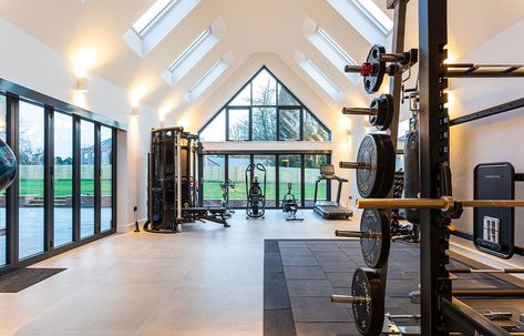 Broadoaks-Project-Steps-Gym Barndominium Gym Ideas, Barndominium Home Gym, Huge Home Gym, Large Home Gym Ideas, Personal Gym Ideas, Home Gym Separate Building, Detached Home Gym, Modern Farmhouse Gym, Barndominium Gym