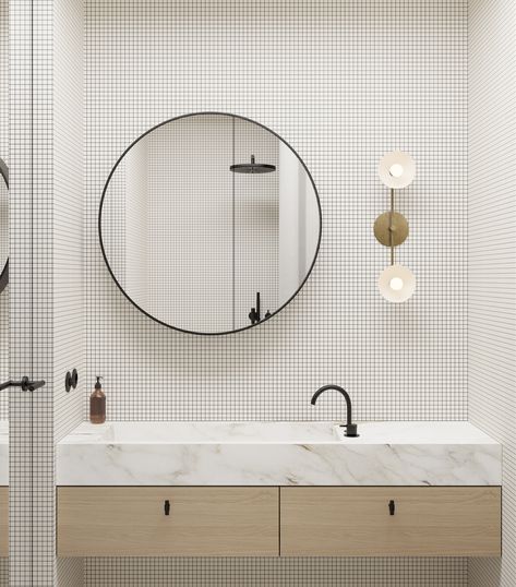 Copenhagen | Leibal Scandinavian Bathroom, Copenhagen Interior Design, Beautiful Interior Design, Minimalist Bathroom, Bedroom Decorating, Bathroom Renos, Shower Stall, Round Mirror, House Bathroom