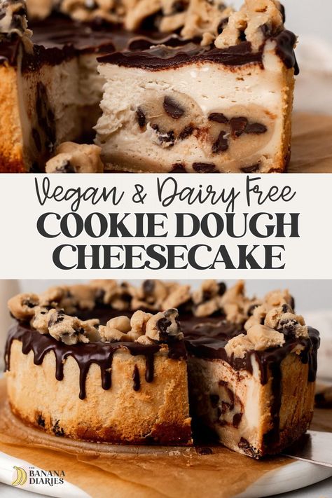 This creamy and rich vegan cookie dough cheesecake has a baked chocolate chip cookie crust and loads of vegan cookie dough folded throughout a silky vanilla bean cheesecake batter. Naturally dairy free, NO eggs, and easily gluten free too! The ultimate cookie lover’s dessert! Chocolate Chip Cookie Crust, Cheesecake Gluten Free, Gluten Free Cookie Dough, Cookie Dough Cheesecake, Vanilla Bean Cheesecake, Vegan Cookie, Vegan Baking Recipes, Vegan Cookie Dough, Vegan Christmas Recipes