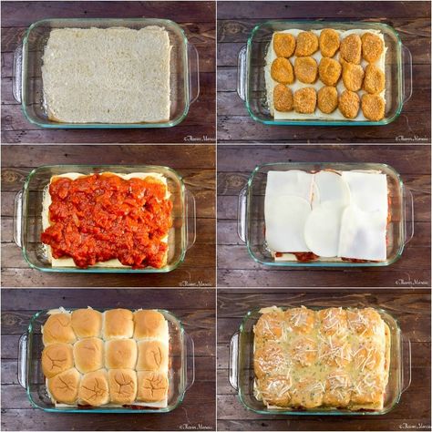 Chicken Nuggets Meal Ideas, Chicken Nugget Sliders, Hawaiian Sandwiches, Parmesan Sliders, Baked Chicken Parm, Party Sliders, Chicken Parmesan Sliders, Ravioli Casserole, Fun Meals