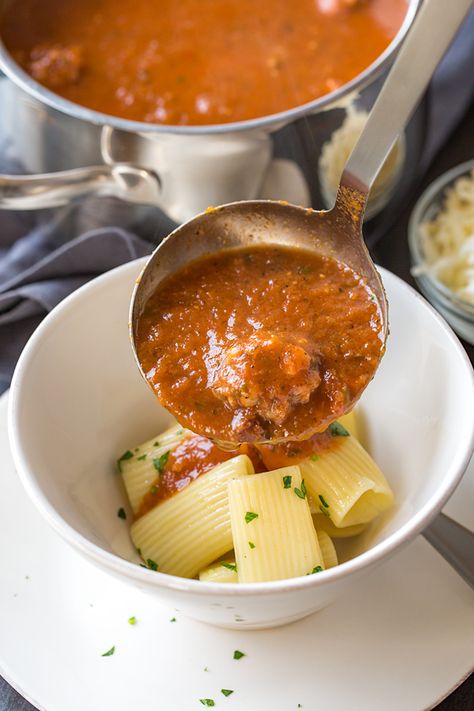 Rich and hearty, this comforting rigatoni meatball soup is a fun take on one of our favorite pasta dishes, complete with creamy mozzarella cheese. | thecozyapron.com #souprecipes #soupsandstews #recipeswithgroundbeef #recipesfordinner #recipeswithgroundbeef #recipesdinner Rigatoni Soup, Cheesy Rigatoni, Roasted Cauliflower Recipes, Winter Soup Recipe, Italian Sausage Recipes, Comforting Soup, Meatball Soup, Egg Roll Recipes, Sour Soup