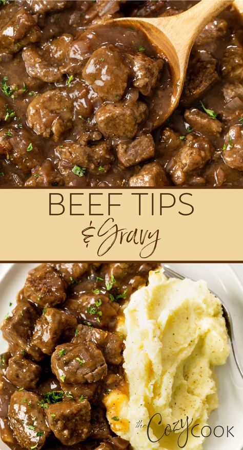 Beef tips and gravy with a side of mashed potatoes Easy Beef Dinners For Families, Slow Cooker Beef Tips With Gravy, Meals For Blue Collar Men, Steak Tips Recipe Crockpot, Easy Meat Dinners, Quick And Easy Beef Dinner Recipes, Easy Beef Tips And Gravy Stove Top, Beef For Stew Recipes, Beef Tips Recipe Stove Top