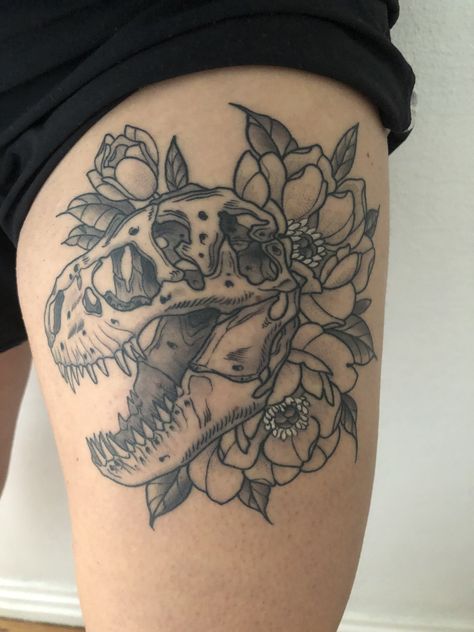 Skull Tattoo On Thigh, T Rex Skull Tattoo, Rex Tattoo, Skull Thigh Tattoos, 23 Tattoo, T Rex Tattoo, Tattoo On Thigh, T Rex Skull, Traditional Tattoo Flowers