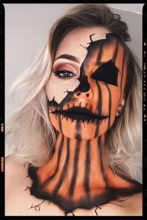 Pumpkin Makeup Ideas, Pumpkin Face Paint, Maquillage Halloween Simple, Halloween Makeup Sugar Skull, Scary Pumpkin Faces, Scarecrow Makeup, Make Carnaval, Halloweenský Makeup, Holloween Makeup