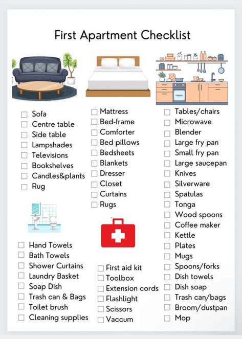 First Apartment Checklist On A Budget Student Apartment Decor On A Budget, Apartment List Moving Checklist, Moving Into First Apartment, College Apartment Checklist, First Apartment Goals, New Apartment Checklist, First College Apartment, Moving List, Apartment List