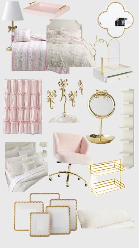 Room Ideas Gold And Pink, Gold White And Pink Bedroom, Light Pink Gold And White Bedroom Ideas, Pink And Gold Bedroom Aesthetic, Light Pink And Gold Room, Bedroom Ideas Pink And Gold, Pink And Gold Room Ideas, Pink Gold And White Bedroom, Gold And Pink Room