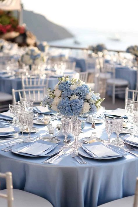 20 Enchanting Periwinkle Wedding Ideas For The Perfect Day • 15 Party Ideas Quinceanera, Pastel Blue Wedding, Periwinkle Wedding, Blue Purple Wedding, Wildflower Centerpieces, Blue Hydrangea Wedding, Baby Blue Weddings, Flowers Centerpieces, Hydrangeas Wedding