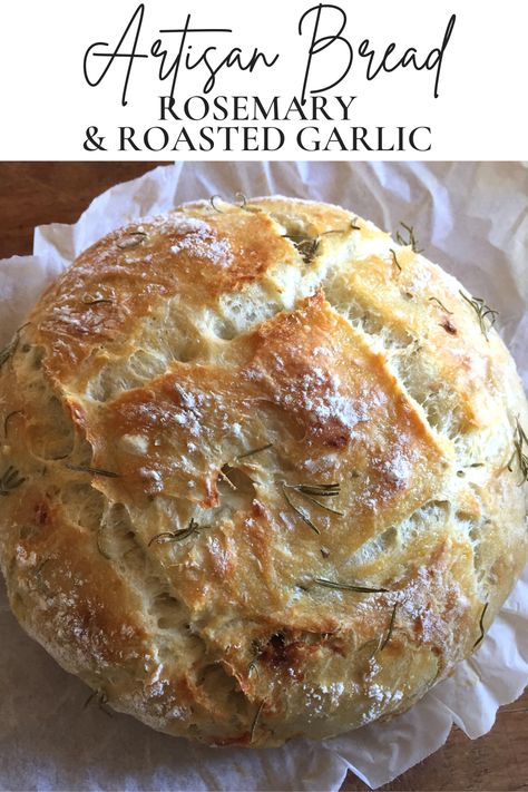 Few things are better than freshly baked bread. And eating it while it’s still warm with delicious pasta or a steaming bowl of soup or stew? The best! This simple no-knead recipe builds on my basic 4-ingredient overnight artisan bread recipe. It’s still super easy to make and requires only a handful of extra ingredients! | #homemadebread #rosemarybread #easybreadrecipe #rusticbread #comfortfood #noknead #overnightbread #rosemary #roastedgarlic #evoo #oliveoil #madefromscratch #artisanbread Roasted Garlic Artisan Bread, Garlic Artisan Bread, Artisan Bread Recipe, Pudding Chia, Freshly Baked Bread, Homemade Bread Recipes Easy, Artisan Bread Recipes, Dutch Oven Recipes, Delicious Pasta