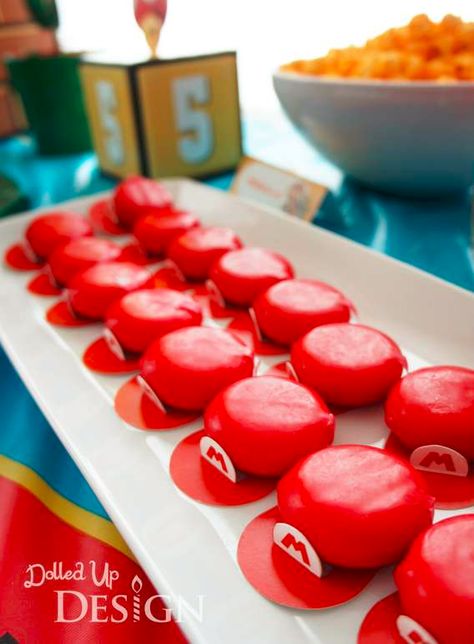 Use babybell cheese & papercuts to make little Mario hats!! Super Mario Party Ideas, Mario Party Ideas, Mario Bros Birthday Party, Super Mario Bros Birthday, Princess Peach Party, Mario Kart Party, Mario Bros Birthday Party Ideas, Nintendo Party, Super Mario Bros Birthday Party