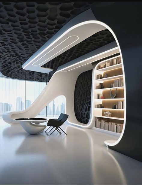 Futuristic Office Interior, Reading Room Design, Futuristic Interior Design, Futuristic House, Office Interior Design Modern, Futuristic Home, Interior Minimalista, Bookshelf Design, Futuristic Interior