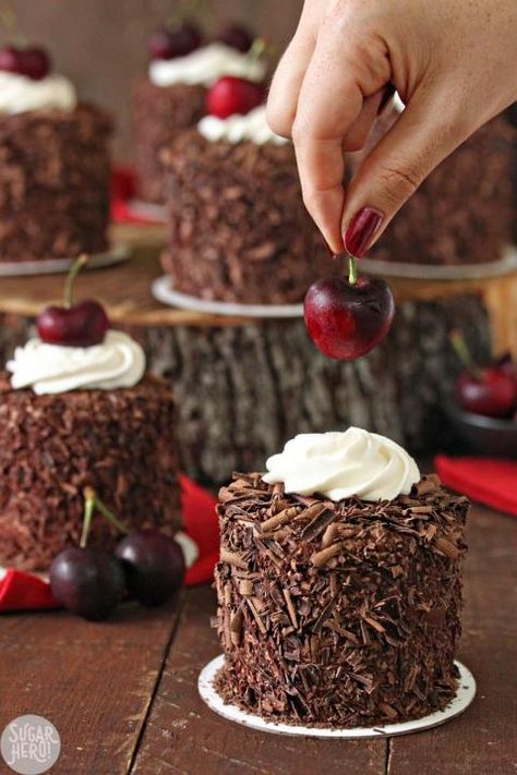 Black Forest Mini Cakes | From SugarHero.com Mini Christmas Cakes, Mini Cake Recipe, Kek Lapis, Resipi Kek, Mini Torte, Chocolate Pastry, Forest Cake, Moist Chocolate Cake, Fancy Desserts