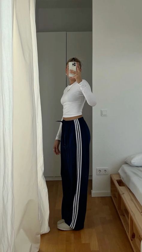 Fashion: #fashion, #style, #outfitinspiration, #beauty Dress Up Black Sweatpants, Track Pants Gym Outfit, Striped Track Pants Outfit, Navy Blue Track Pants Outfit, Exercise Outfits Aesthetic, Navy Track Pants Outfits, Trackpants Adidas Outfit, Track Pants Outfit Winter, Adidas Pants Outfit Winter