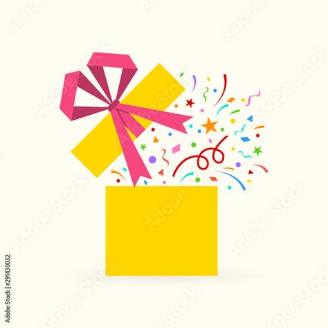 Stock Image: Gift box icon with confetti. Surprise package with ribbon and bow. Present box for Christmas or Birthday celebration. Party, greeting card design element. Vector illustration. Bow Present, Surprise Package, Present Box, Box Icon, Greeting Card Design, Celebration Party, Design Element, Confetti, Card Design