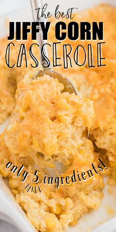 This Jiffy corn casserole is a Southern stable side dish that's so easy to make. Only five ingredients: canned corn, Jiffy corbread mix, sour cream, and cheese. It's full of flavor and dripping with cheese. Make a great Thanksgiving or holiday side dish. #jiffy #corncasserole #southern #sidedish #thanksgiving #christmas #5ingredients Moist Corn Muffins, Best Corn Casserole, Thanksgiving Corn Recipes, Creamed Corn Cornbread, Jiffy Recipes, Sweet Corn Casserole, Jiffy Cornbread Recipes, Easy Corn Casserole, Corn Recipes Side Dishes