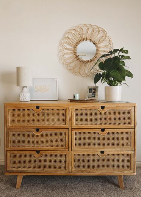 Rattan Dresser Bedroom, Ratan Diy Dresser, Cane Rattan Dresser, Dresser Rattan, Dresser With Rattan Drawers, Drawer Rattan, Rattan Dresser Homerly, Rattan Dresser, La Apartment