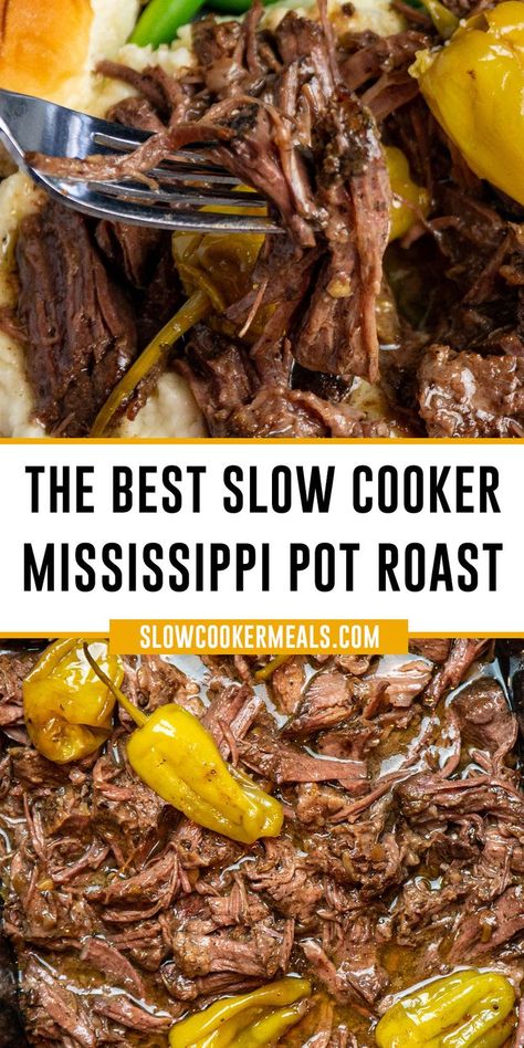 Close up of Mississippi pot roast on a fork over more pot roast. Roast With Pepperoncini, Slow Cooker Mississippi Pot Roast, Mississippi Roast Recipe, Crockpot Pot Roast, Crockpot Roast Recipes, Pot Roast Crock Pot Recipes, Easy Pot Roast, Mississippi Pot, Mississippi Roast