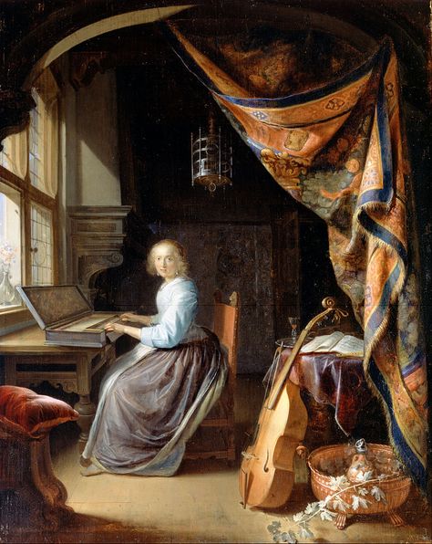 Gerrit Dou, A Woman Playing a Clavichord, c. 1665, Dulwich Picture Gallery, South London Gerrit Dou, Vermeer Paintings, Dulwich Picture Gallery, Google Art Project, Baroque Painting, Dutch Golden Age, Baroque Art, Johannes Vermeer, Dutch Painters