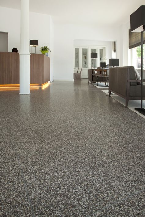 Compact tiles by Bomarbre CP_3006 Torcello 40x40 at Hotel Bellevue, De Haan www.bomarbre.be Grey Granite Flooring, Terrazo Flooring, Terazzo Floor, Granite Floor Tiles, Interior Design Lobby, Epoxy Floor Designs, Grey Interior Doors, Terrazzo Floors, Hotel Floor