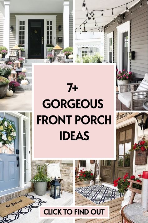 7 front porch ideas Beside Front Door Decor Outside, Historic Home Front Porch, Outdoor Porches Ideas, Shed Front Porch Ideas, Elegant Front Porch Ideas, Front Door Area Ideas, Front Door Decks Entrance, Off Center Front Door Porch Ideas, Traditional Front Porch Decor