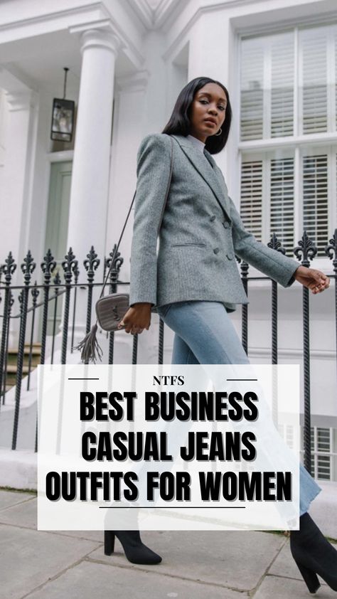 Upgrade your work wardrobe with these stylish business casual jean outfits for women. Stay comfortable and professional with these versatile looks! #businesscasual #jeansoutfits #workattire #womenfashion #styletips Denim Business Casual Outfits For Women, Dark Denim Jeans Outfit Work, Wide Leg Jeans Business Casual, Jeans At Work Outfits, Casual Jeans Outfits For Women, Jeans For Work Business Casual, Office Jeans Outfit, Business Casual Jeans Outfits For Work, Jean Work Outfits