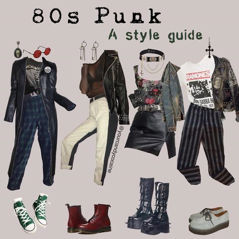 Abbie☕️ on Instagram: “One of you guys had requested that I make a moodboard for the 80s punk aesthetic, so here’s a lookbook for it! Comment which outfit you…” 80s Punk Aesthetic, 80s Punk Outfits, 1980s Punk Fashion, Punk 80s Fashion, Punk Fashion Aesthetic, 80s Fashion Grunge, 80s Fashion Outfits 1980s, Doc Martin Outfits, Rockstar Aesthetic Outfits