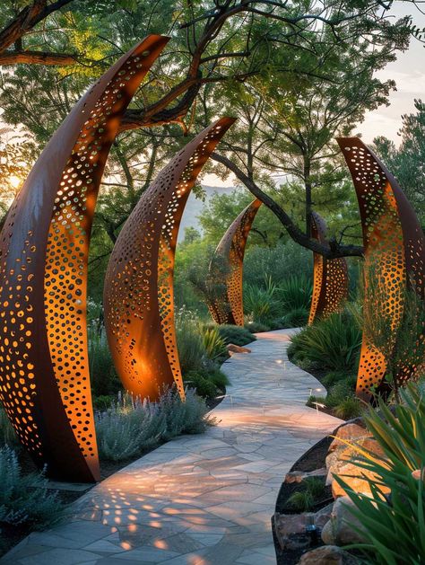 Integrating Sculptural Elements into Modern Garden Design • 333+ Art Images Garden Path Entrance, Natural Light Design Architecture, Architectural Landscape Design, Unique Garden Design, Outdoor Shed Decor, Garden Metal Art, Decorative Pathways, Land Art Ideas, Entrance Garden Ideas