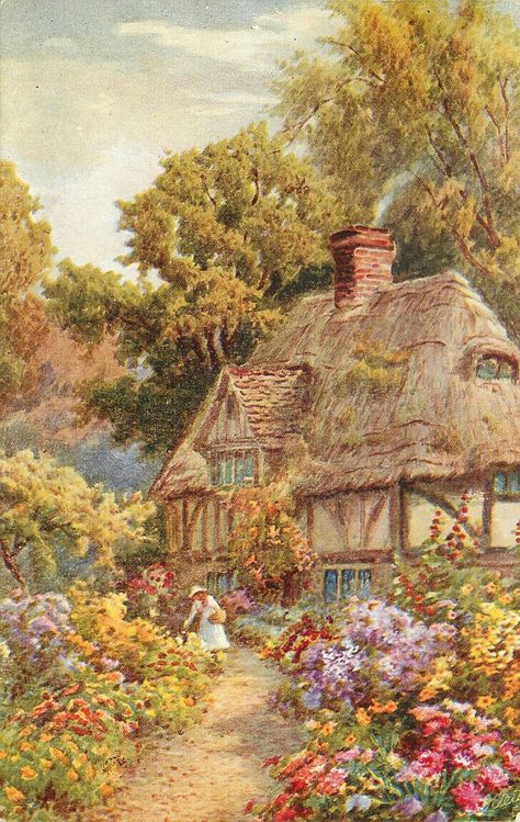 Gravel Path, Thatched Cottage, Cottage Art, Watercolor Ideas, Diy Watercolor, Arte Sketchbook, Fairytale Art, Aesthetic Painting, Ethereal Art